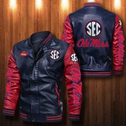 NCAA Ole Miss Rebels Navy Red Leather Bomber Jacket