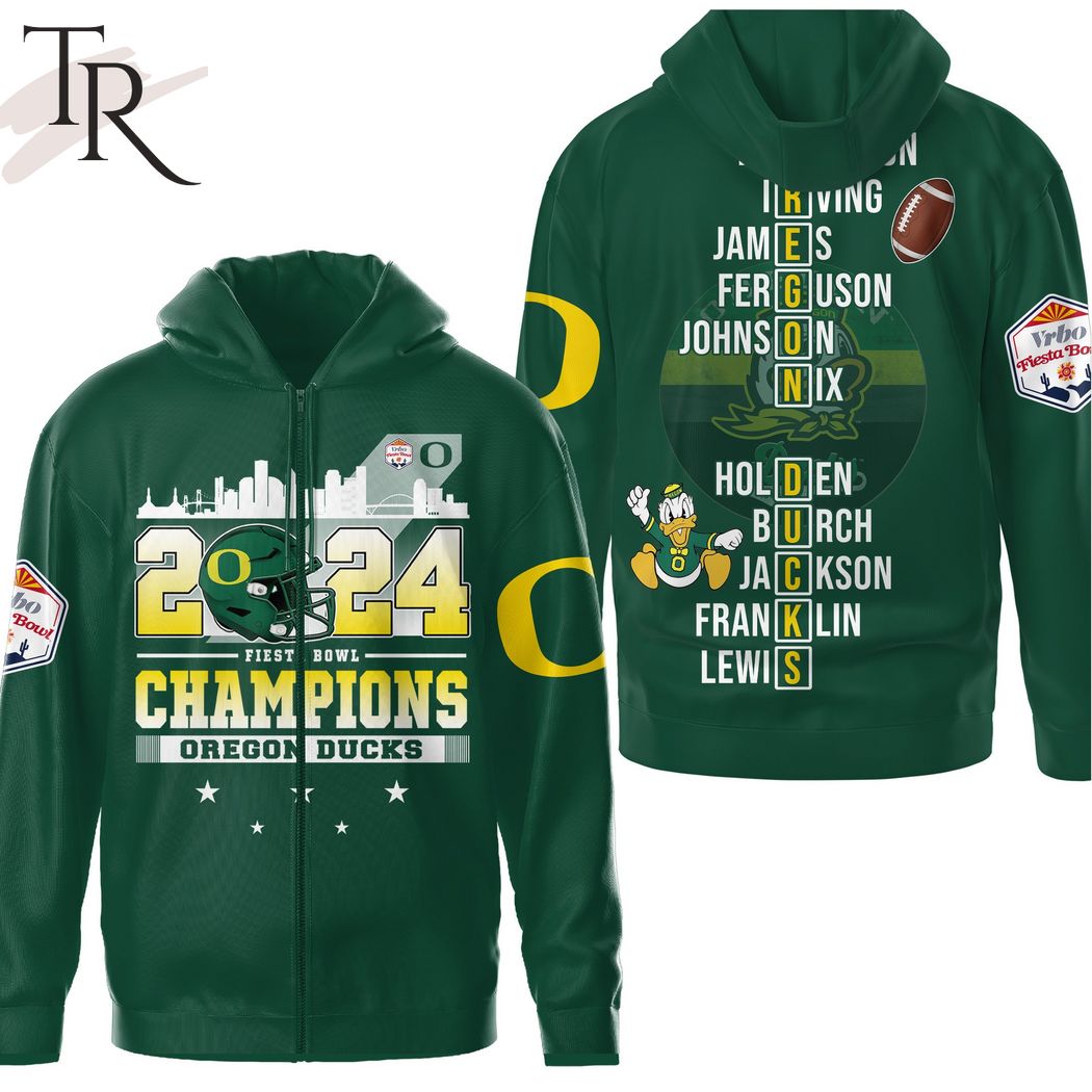 NCAA Oregon Ducks 2024 Fiesta Bowl Champions Green Zip Up Hoodie