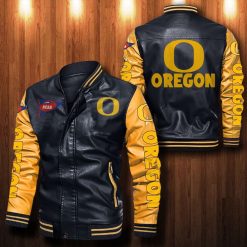 NCAA Oregon Ducks Black Yellow Leather Bomber Jacket