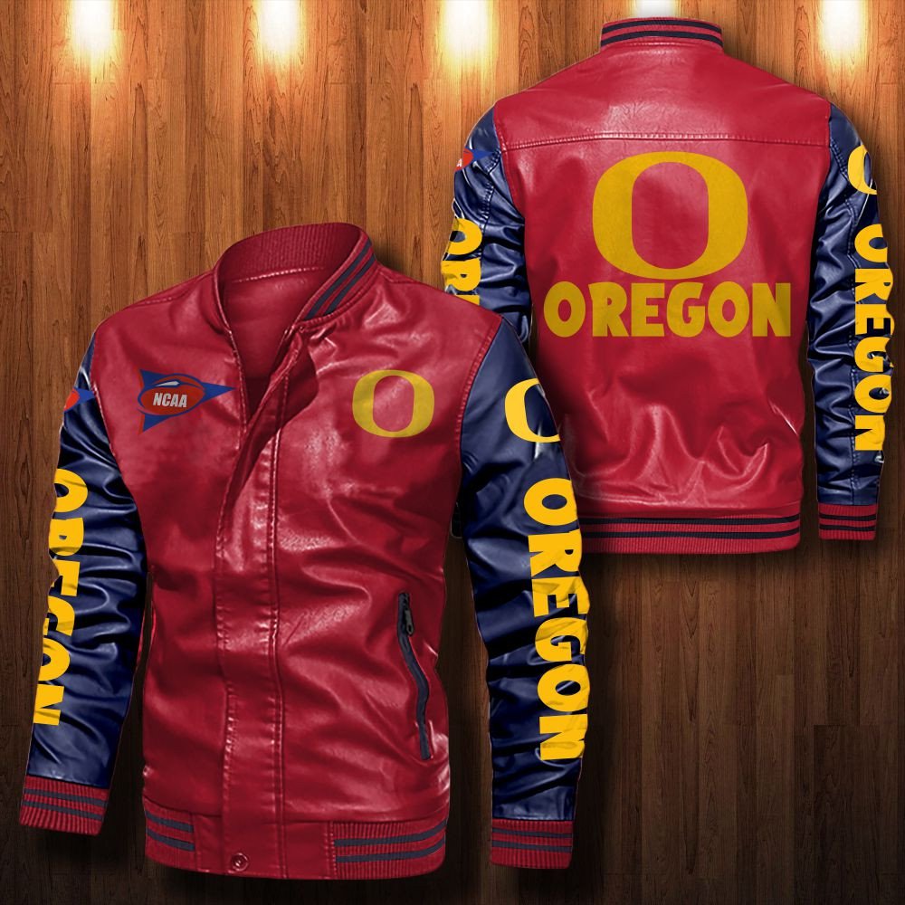 NCAA Oregon Ducks Red Navy Leather Bomber Jacket