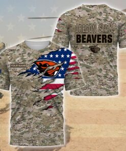 NCAA Oregon State Beavers Custom Name Flag And Camo Pattern T-Shirt