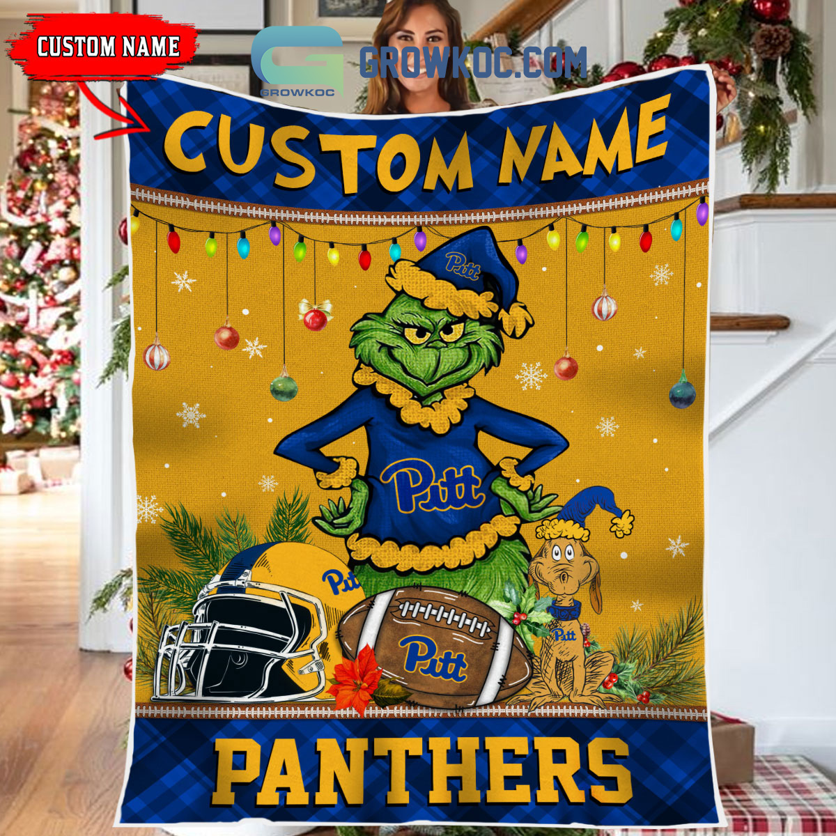 NCAA Pittsburgh Panthers Custom Name Grinch Christmas Fleece Blanket