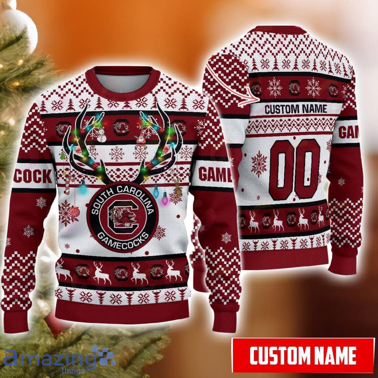 NCAA South Carolina Gamecocks Custom Name Number Reindeer Pattern Ugly Christmas Sweater