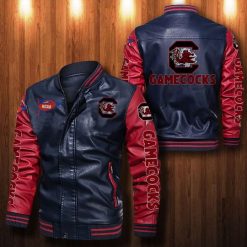 NCAA South Carolina Gamecocks Navy Red Leather Bomber Jacket