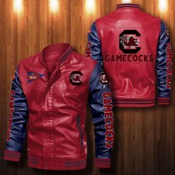 NCAA South Carolina Gamecocks Red Navy Leather Bomber Jacket
