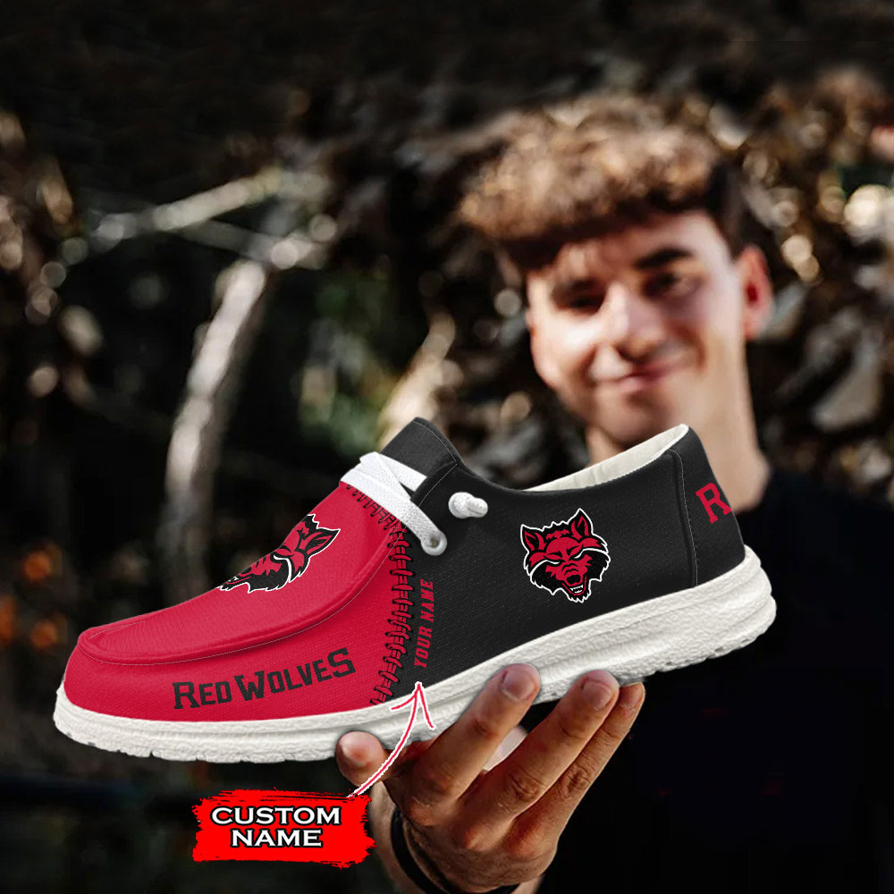 NCAA Arkansas State Red Wolves Custom Name Red Black Hey Dude Shoes