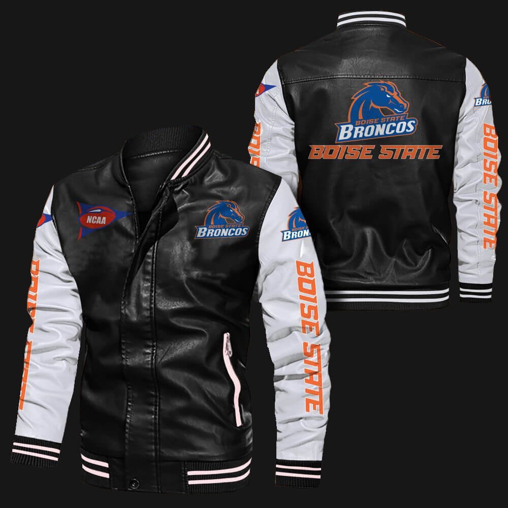 NCAA Boise State Broncos Black White Leather Bomber Jacket