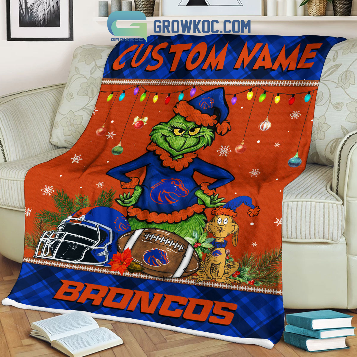 NCAA Boise State Broncos Custom Name Grinch Christmas Fleece Blanket - Image 3