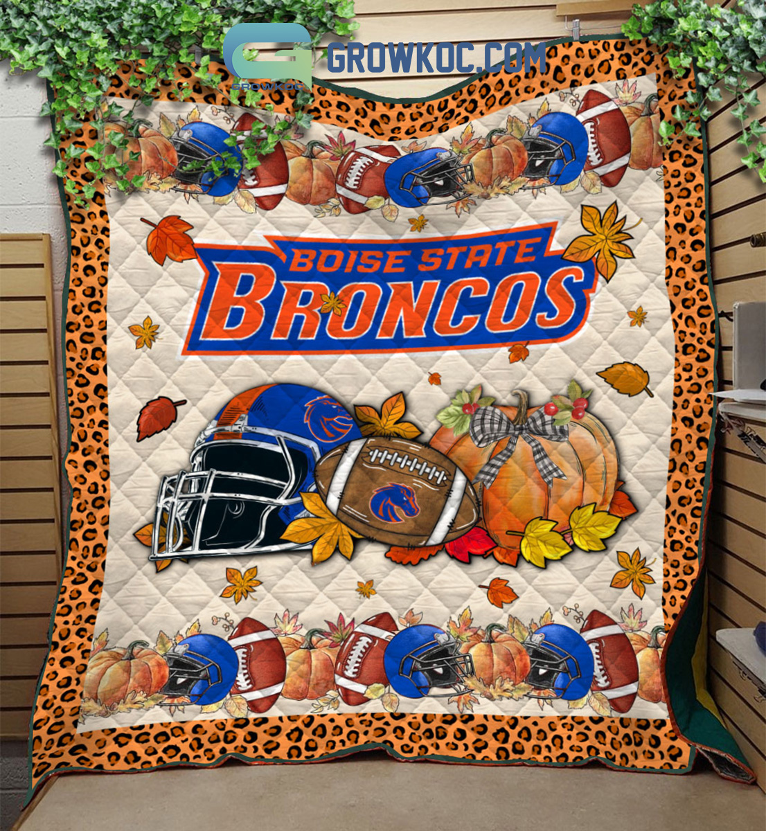 NCAA Boise State Broncos Welcome Fall Pumpkin Quilt Blanket - Image 3