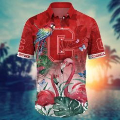 Alternative view of NCAA Cornell Big Red Pink Flamingo And Palm Leaves Hawaiian Shirt
