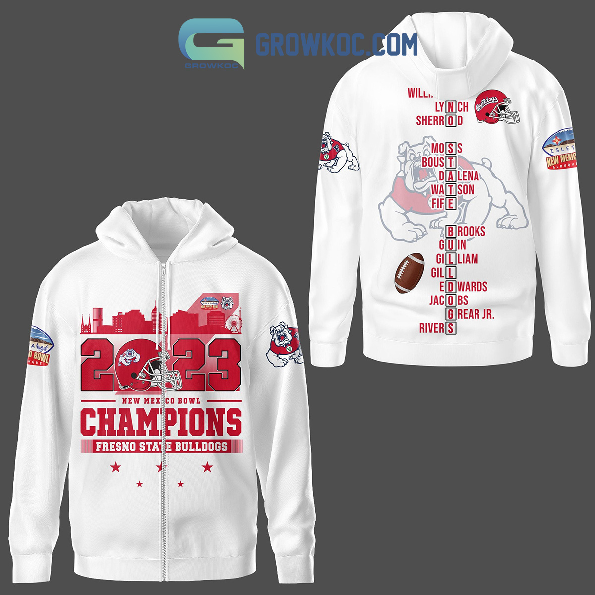 NCAA Fresno State Bulldogs 2023 New Mexico Bowl White Zip Up Hoodie