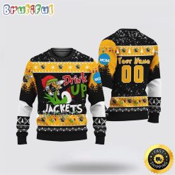 NCAA Georgia Tech Yellow Jackets Custom Name Number Grinch Drink Up Ugly Christmas Sweater