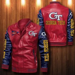 NCAA Georgia Tech Yellow Jackets Red Navy Leather Bomber Jacket