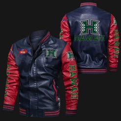 NCAA Hawaii Rainbow Warriors Navy Red Leather Bomber Jacket