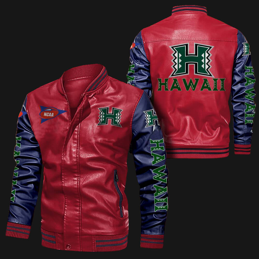 NCAA Hawaii Rainbow Warriors Red Navy Leather Bomber Jacket