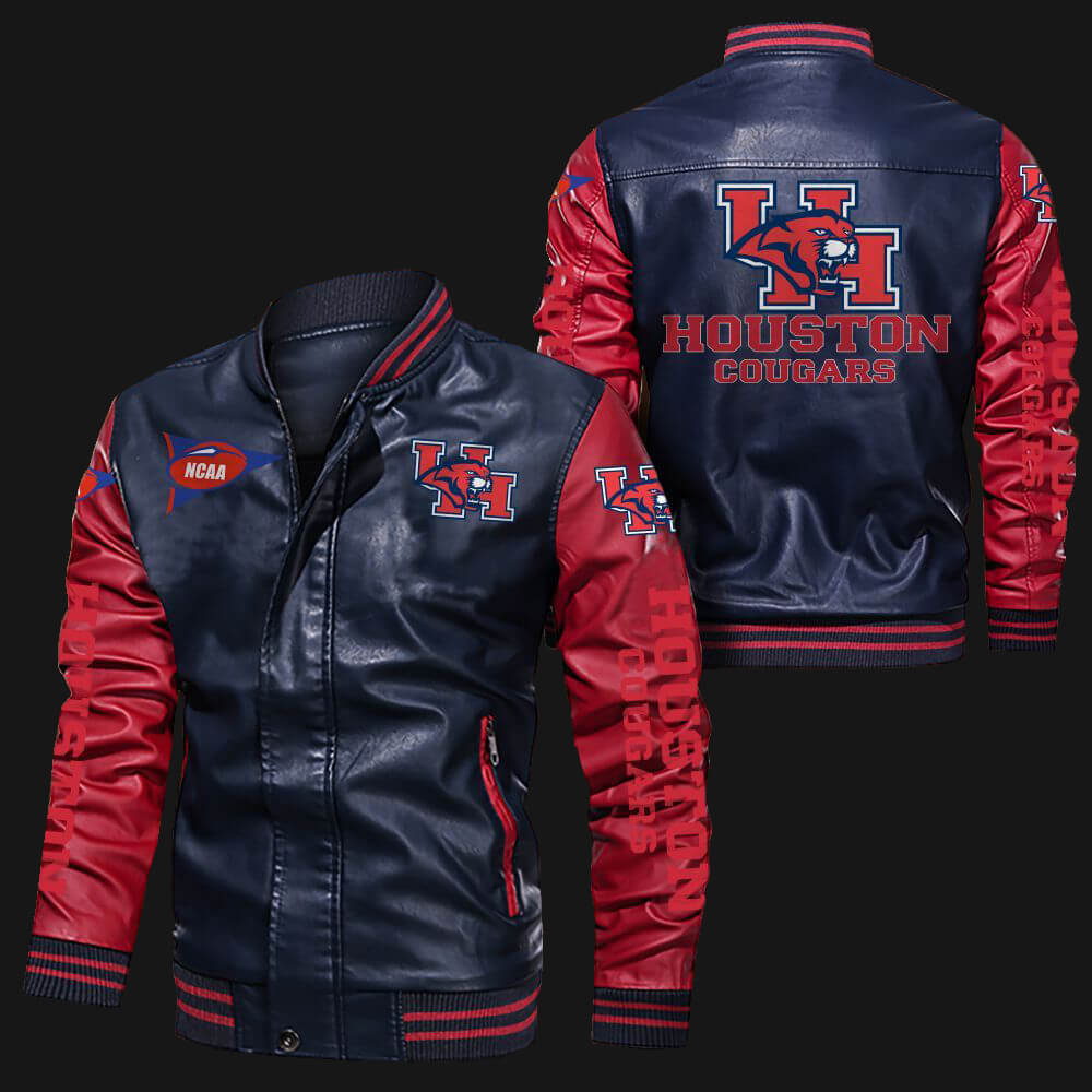 NCAA Houston Cougars Navy Red Leather Bomber Jacket