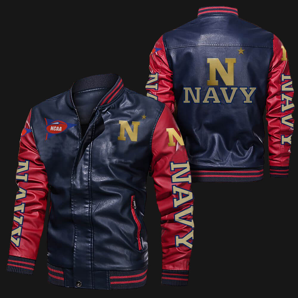 NCAA Navy Midshipmen Navy Red Leather Bomber Jacket