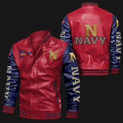 NCAA Navy Midshipmen Red Navy Leather Bomber Jacket