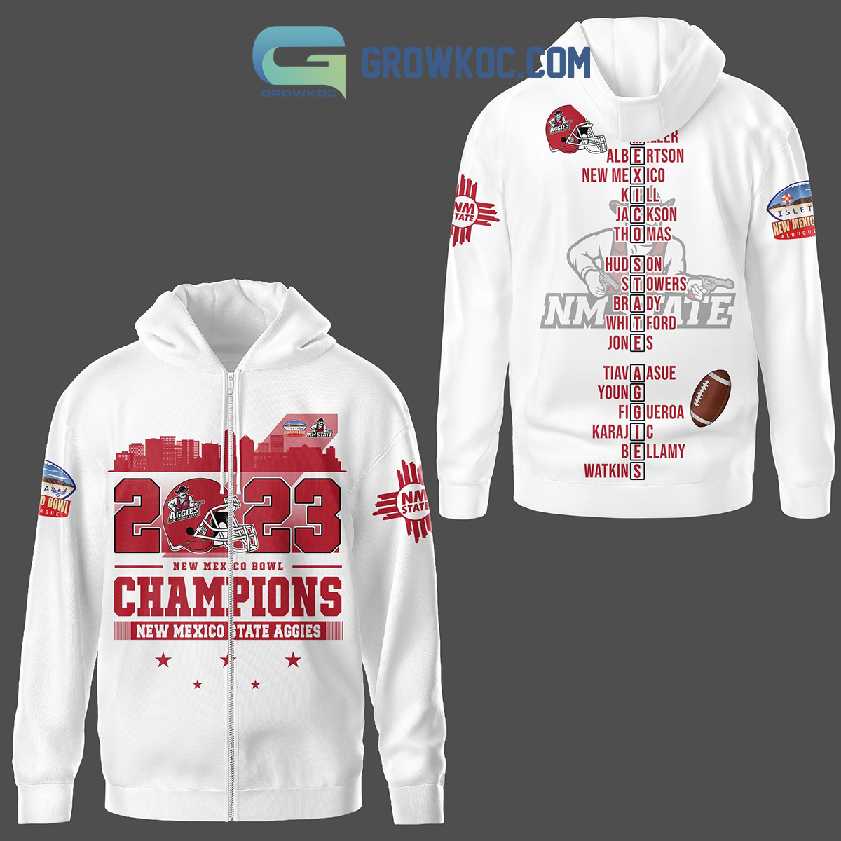 NCAA New Mexico State Aggies 2023 New Mexico Bowl White Zip Up Hoodie