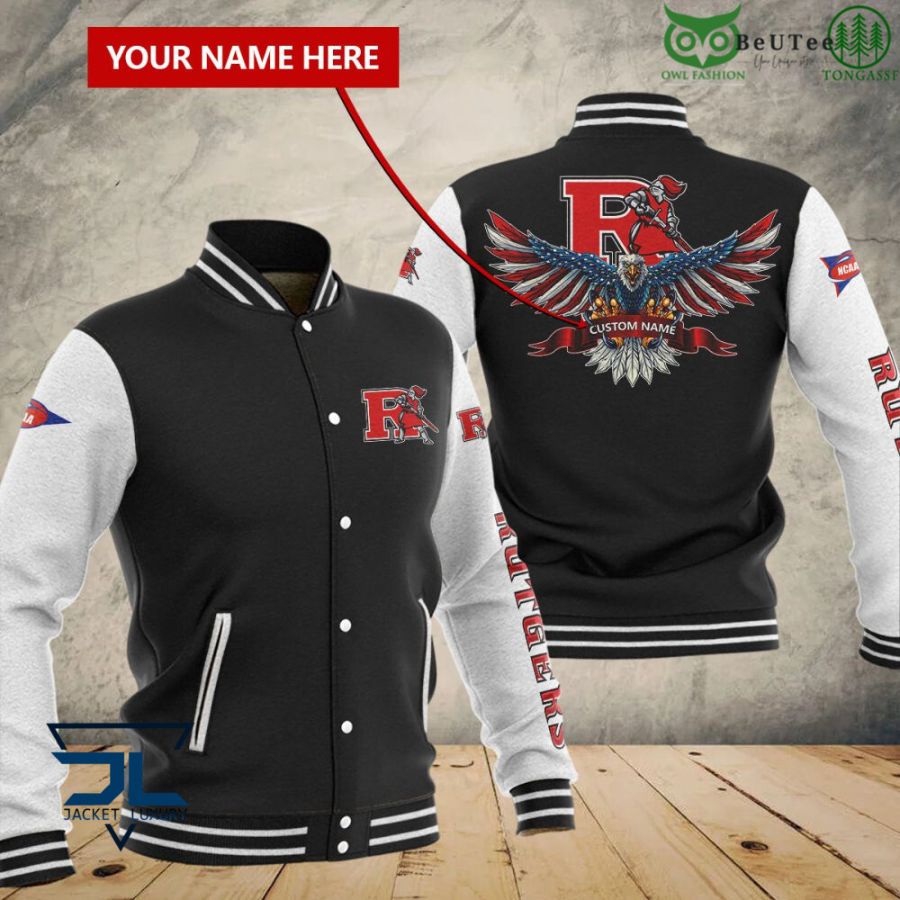 NCAA Rutgers Scarlet Knights Custom Name Eagle Black White Baseball Jacket