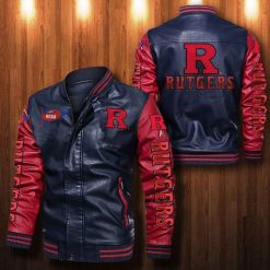 NCAA Rutgers Scarlet Knights Navy Red Leather Bomber Jacket
