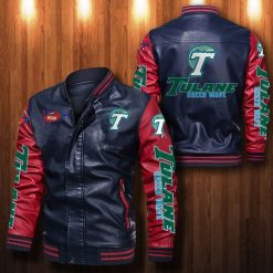 NCAA Tulane Green Wave Navy Red Leather Bomber Jacket