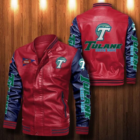 NCAA Tulane Green Wave Red Navy Leather Bomber Jacket