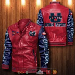 NCAA Utah State Aggies Red Navy Leather Bomber Jacket