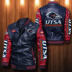 NCAA UTSA Roadrunners Navy Red Leather Bomber Jacket
