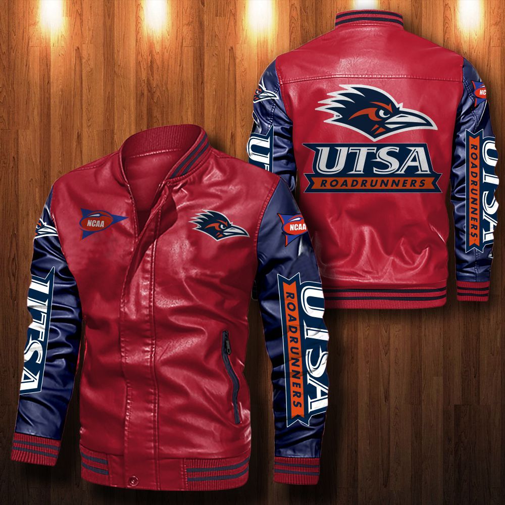NCAA UTSA Roadrunners Red Navy Leather Bomber Jacket