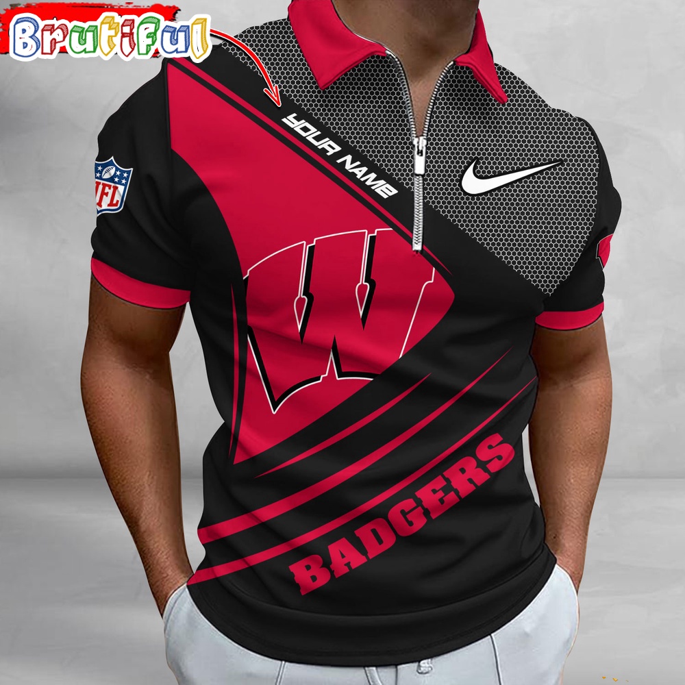 NCAA Wisconsin Badgers Custom Name Fan Edition Zipper Polo Shirt