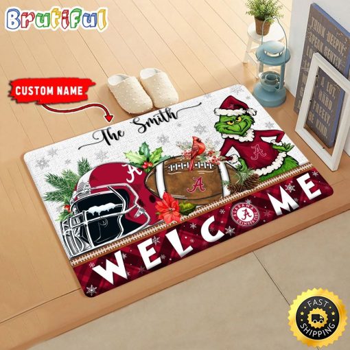NCAA Alabama Crimson Tide Custom Name Grinch Christmas Edition Rubber Doormat