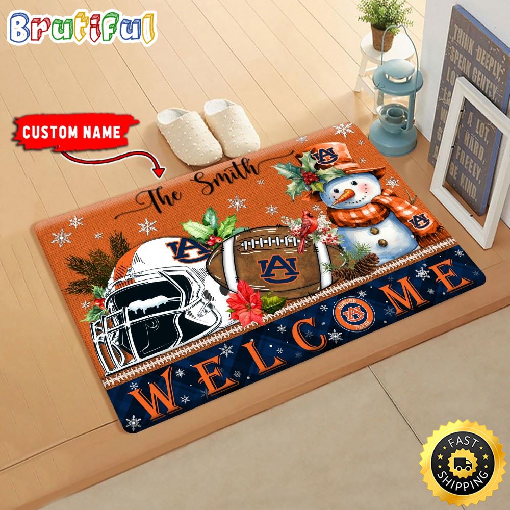NCAA Auburn Tigers Custom Name Christmas Snowman Edition Rubber Doormat