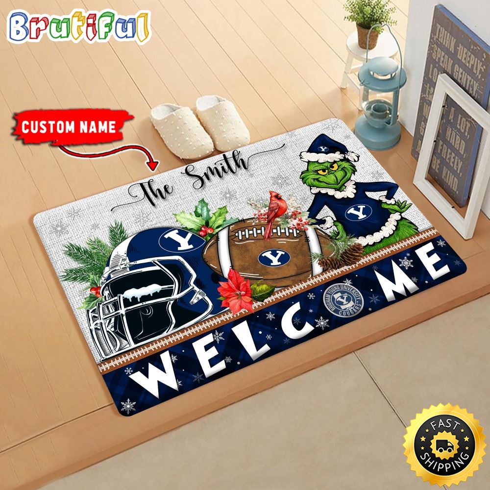 NCAA BYU Custom Name Grinch Christmas Edition Rubber Doormat