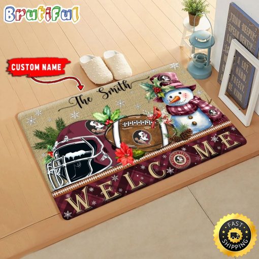 NCAA Florida State Seminoles Custom Name Christmas Snowman Edition Rubber Doormat