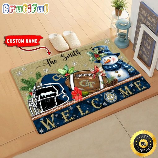 NCAA Georgia Tech Yellow Jackets Custom Name Christmas Snowman Edition Rubber Doormat