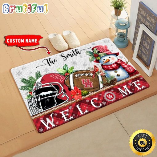 NCAA Houston Cougars Custom Name Christmas Snowman Edition Rubber Doormat