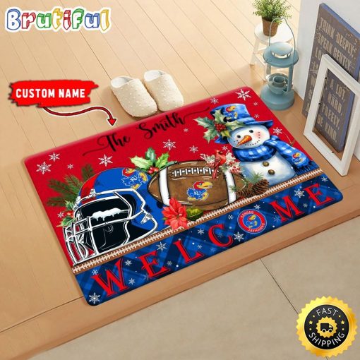 NCAA Kansas Jayhawks Custom Name Christmas Snowman Edition Rubber Doormat