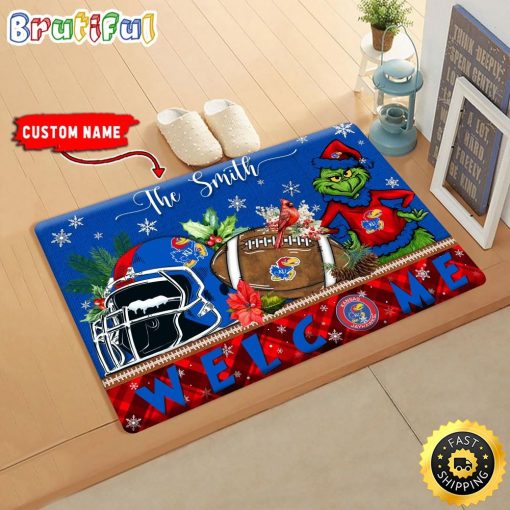 NCAA Kansas Jayhawks Custom Name Grinch Christmas Edition Rubber Doormat