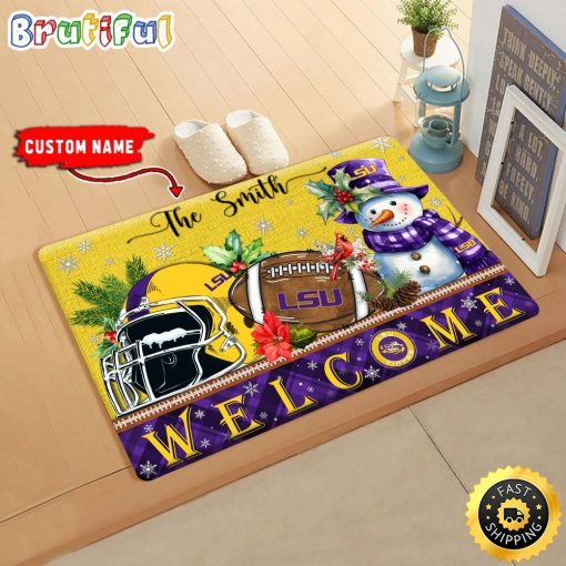 NCAA LSU Tigers Custom Name Christmas Snowman Edition Rubber Doormat