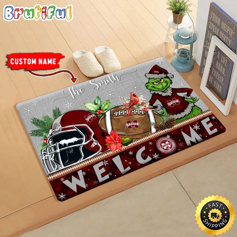 NCAA Mississippi State Bulldogs Custom Name Grinch Christmas Edition Rubber Doormat