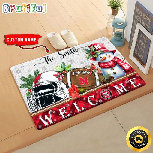 NCAA Nebraska Cornhuskers Custom Name Christmas Snowman Edition Rubber Doormat