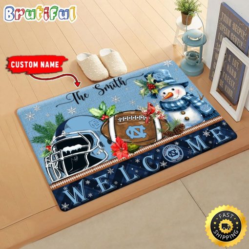 NCAA North Carolina Tar Heels Custom Name Christmas Snowman Edition Rubber Doormat