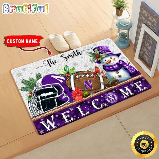 NCAA Northwestern Wildcats Custom Name Christmas Snowman Edition Rubber Doormat