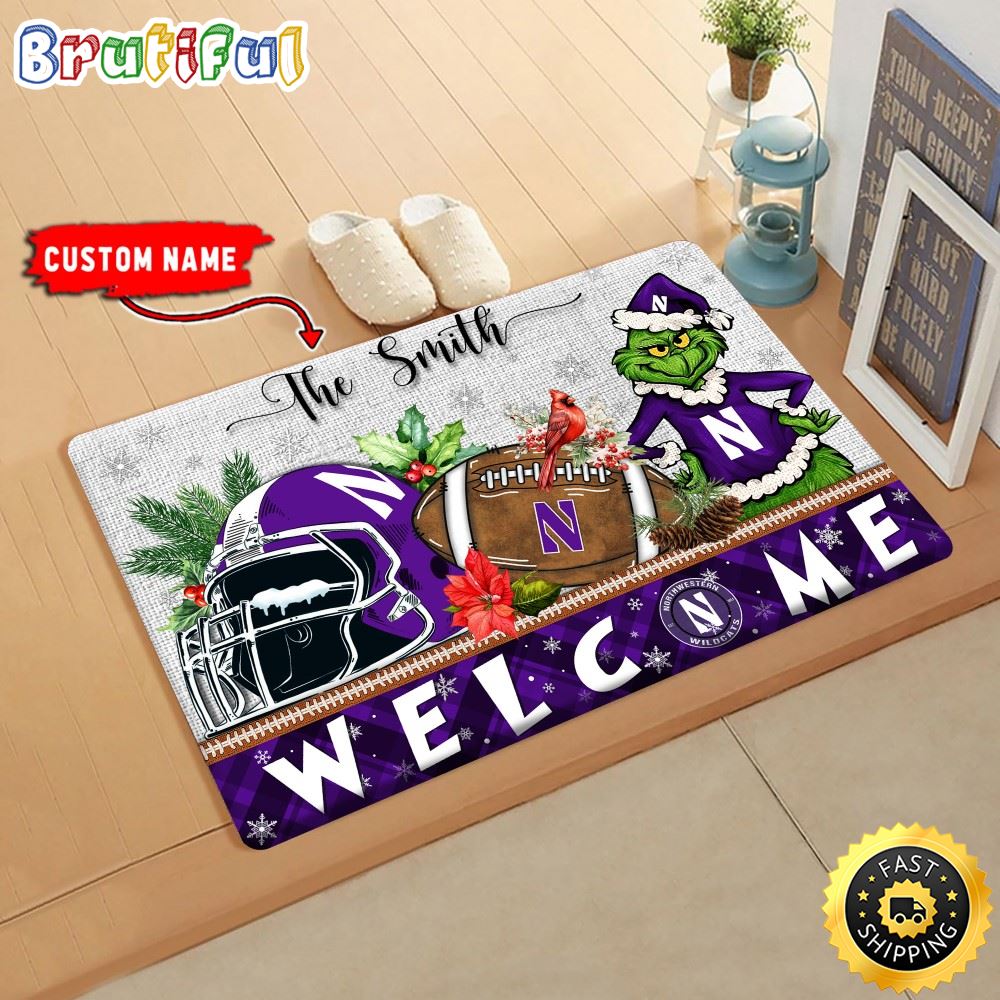 NCAA Northwestern Wildcats Custom Name Grinch Christmas Edition Rubber Doormat