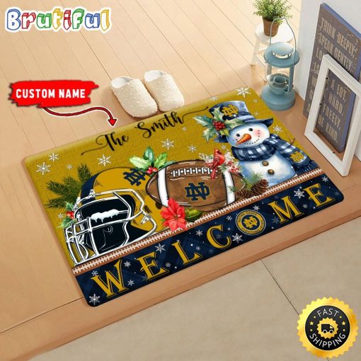 NCAA Notre Dame Fighting Irish Custom Name Christmas Snowman Edition Rubber Doormat