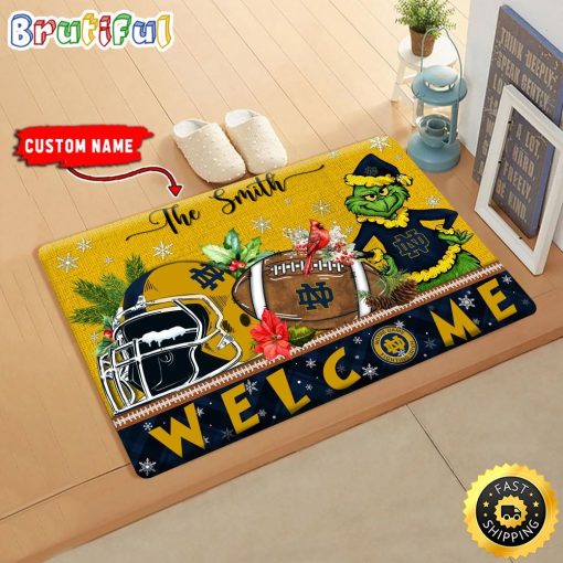 NCAA Notre Dame Fighting Irish Custom Name Grinch Christmas Edition Rubber Doormat