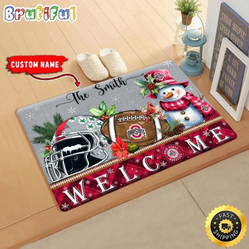 NCAA Ohio State Buckeyes Custom Name Christmas Snowman Edition Rubber Doormat