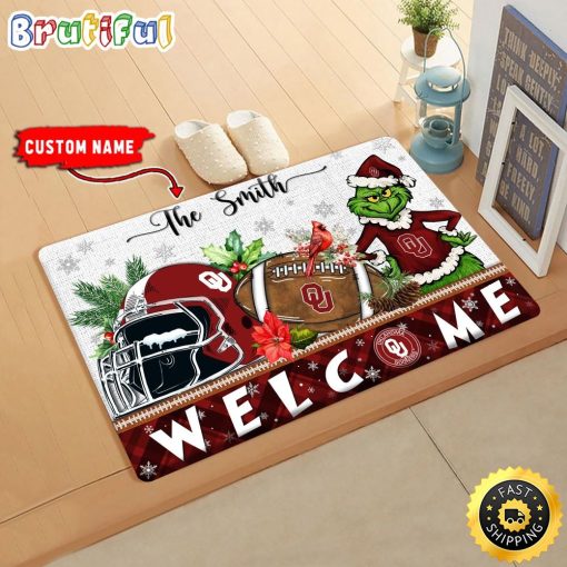 NCAA Oklahoma Sooners Custom Name Grinch Christmas Edition Rubber Doormat