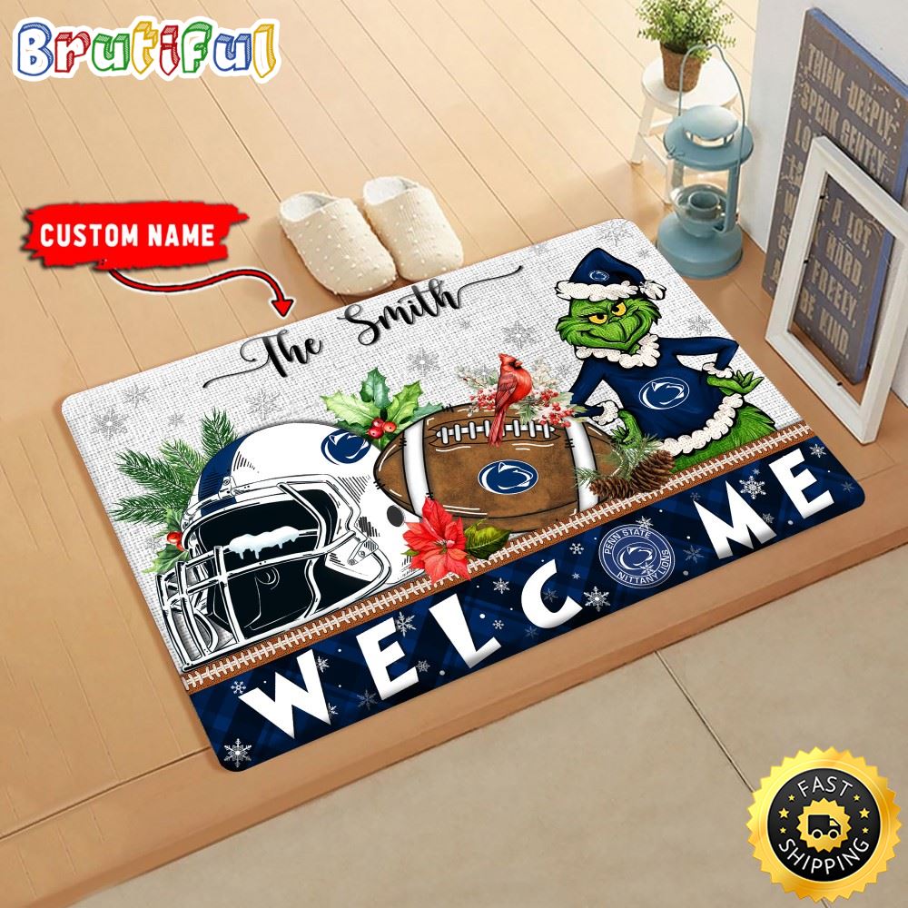 NCAA Penn State Nittany Lions Custom Name Grinch Christmas Edition Rubber Doormat
